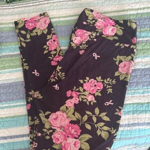 LuLaRoe Black Leggings with Pink Floral Design-Breast Cancer Awareness